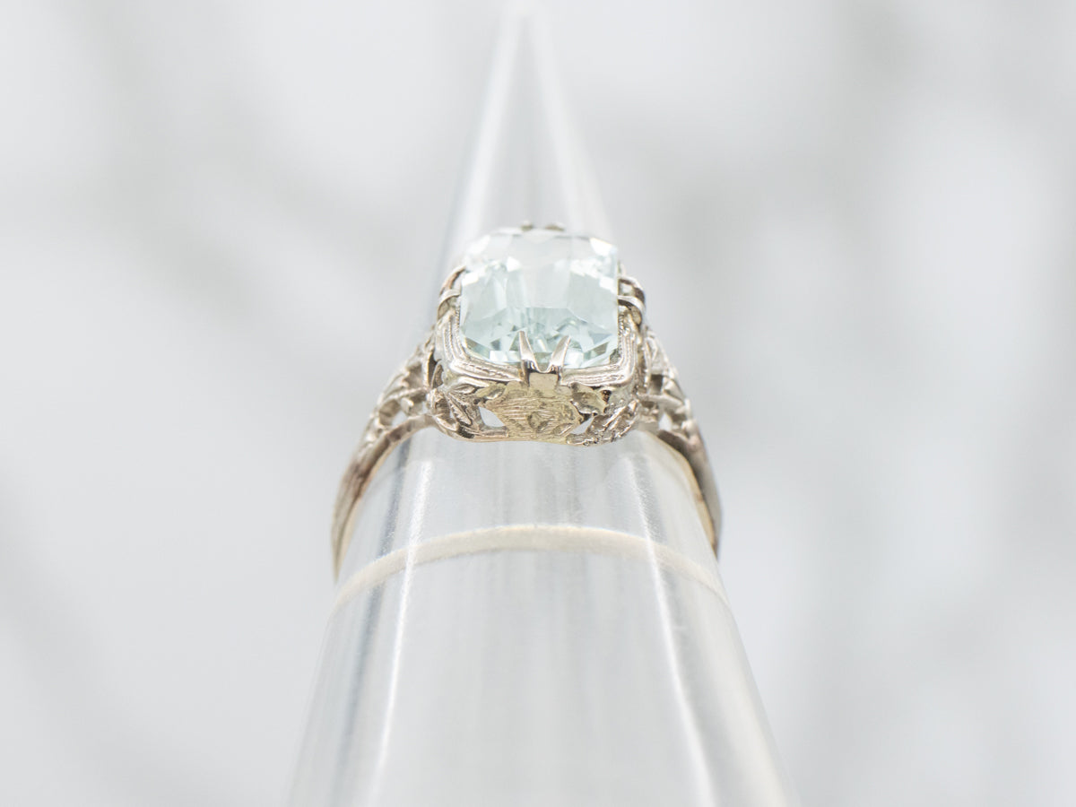 Art Deco Aquamarine Floral Filigree Ring