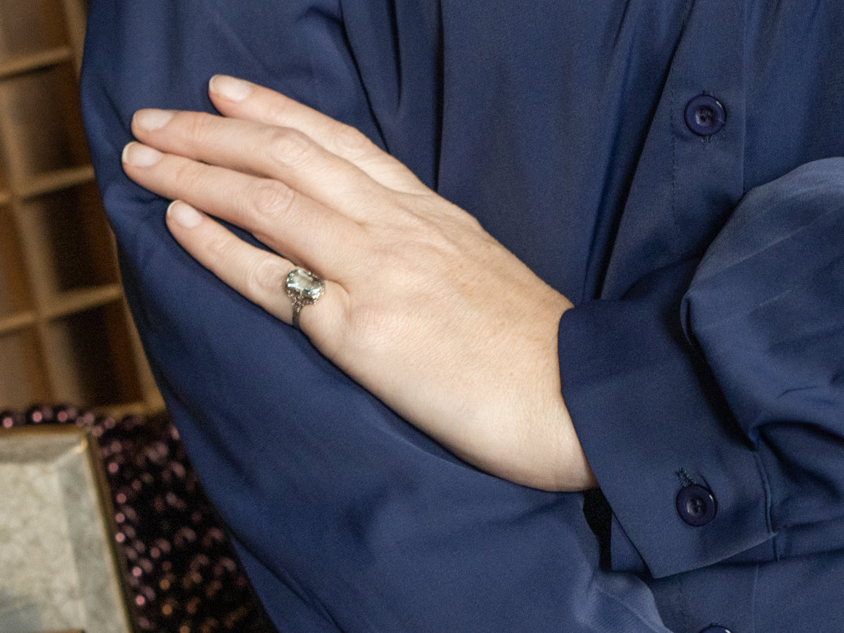 Art Deco Aquamarine Floral Filigree Ring