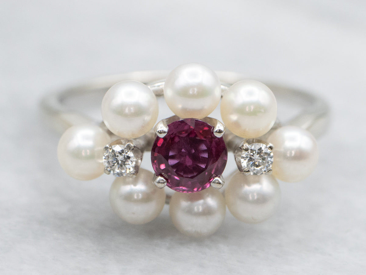 Vintage Ruby and Diamond Pearl Halo Ring