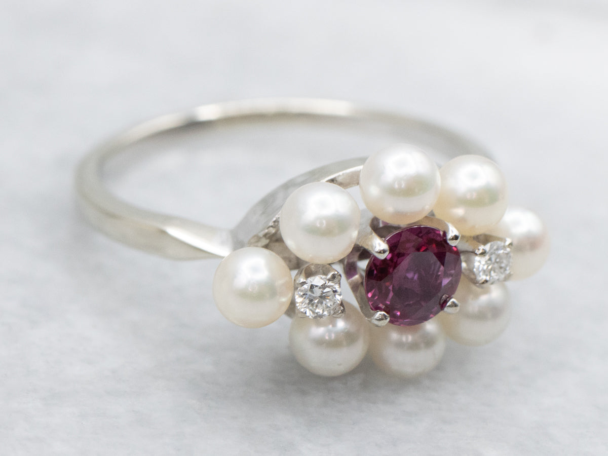 Vintage Ruby and Diamond Pearl Halo Ring