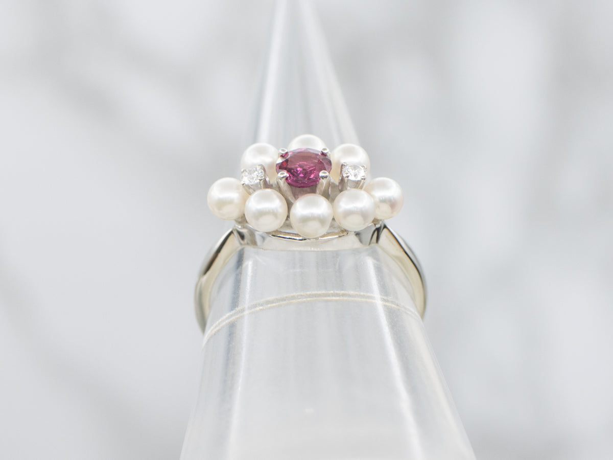 Vintage Ruby and Diamond Pearl Halo Ring