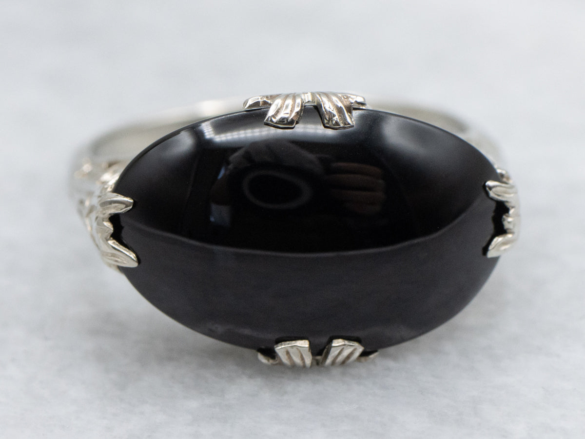 Antique East-to-West Set Black Onyx Filigree Ring