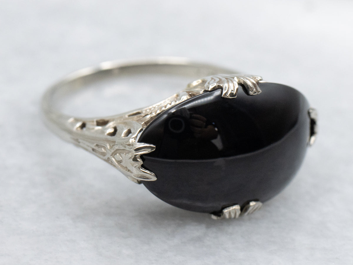 Antique East-to-West Set Black Onyx Filigree Ring