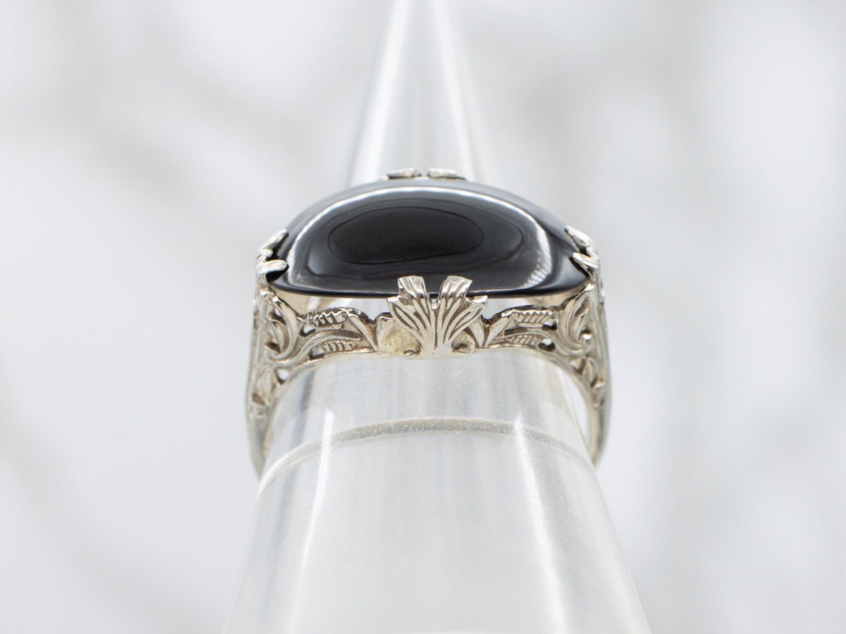 Antique East-to-West Set Black Onyx Filigree Ring