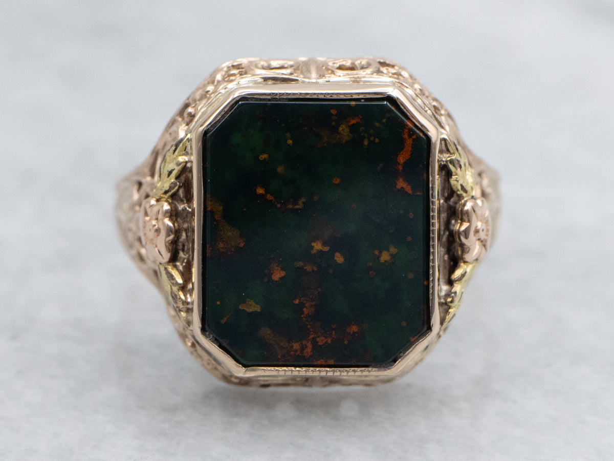 Two Tone Bloodstone Floral Filigree Ring