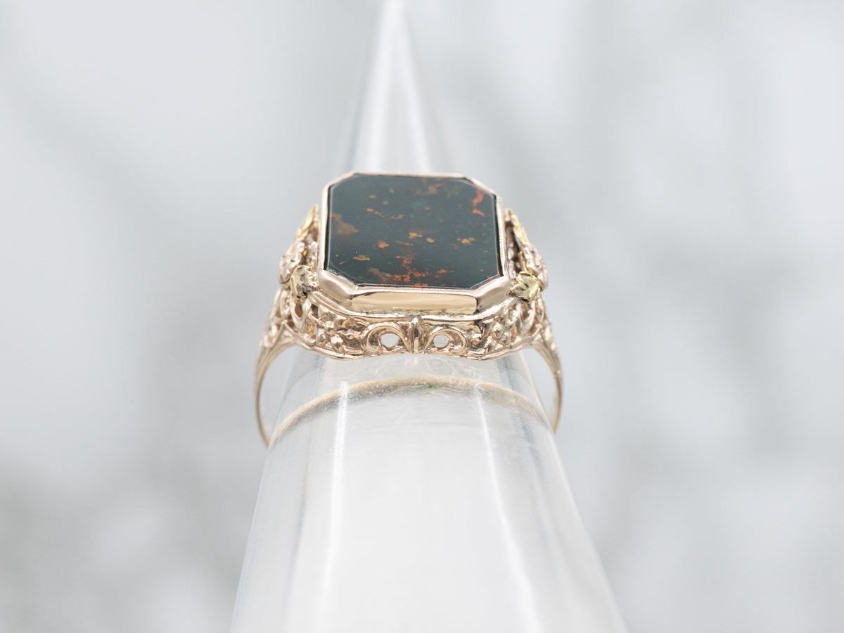 Two Tone Bloodstone Floral Filigree Ring