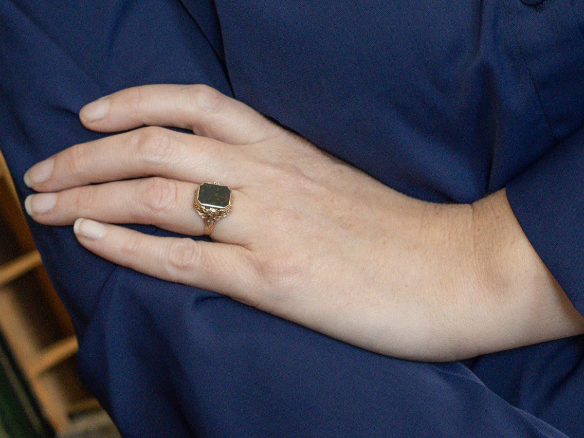 Two Tone Bloodstone Floral Filigree Ring