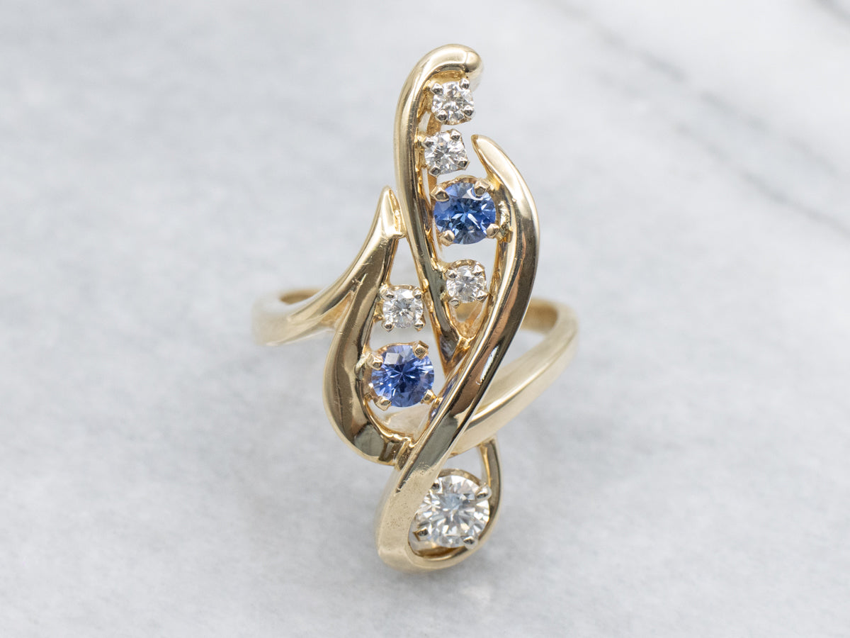 Modernist Gold Sapphire and Diamond Twisting Cocktail Ring
