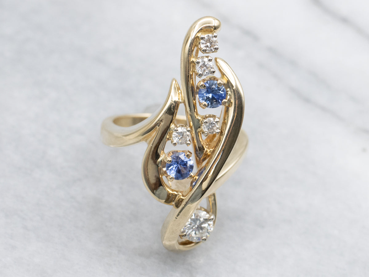 Modernist Gold Sapphire and Diamond Twisting Cocktail Ring