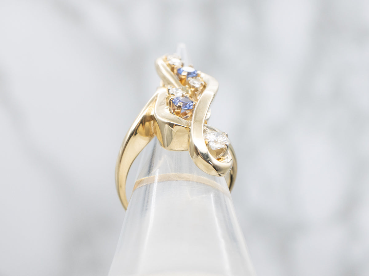 Modernist Gold Sapphire and Diamond Twisting Cocktail Ring