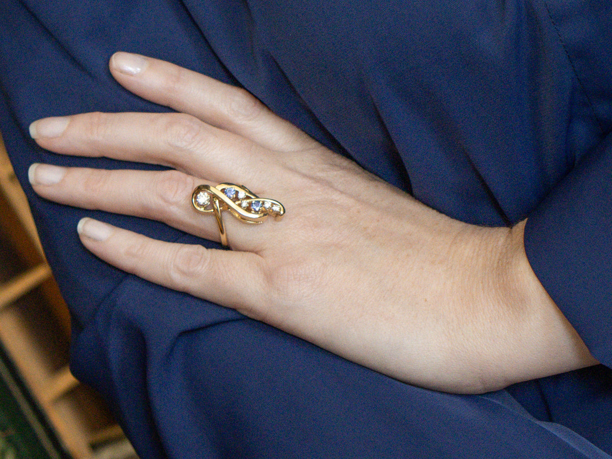 Modernist Gold Sapphire and Diamond Twisting Cocktail Ring
