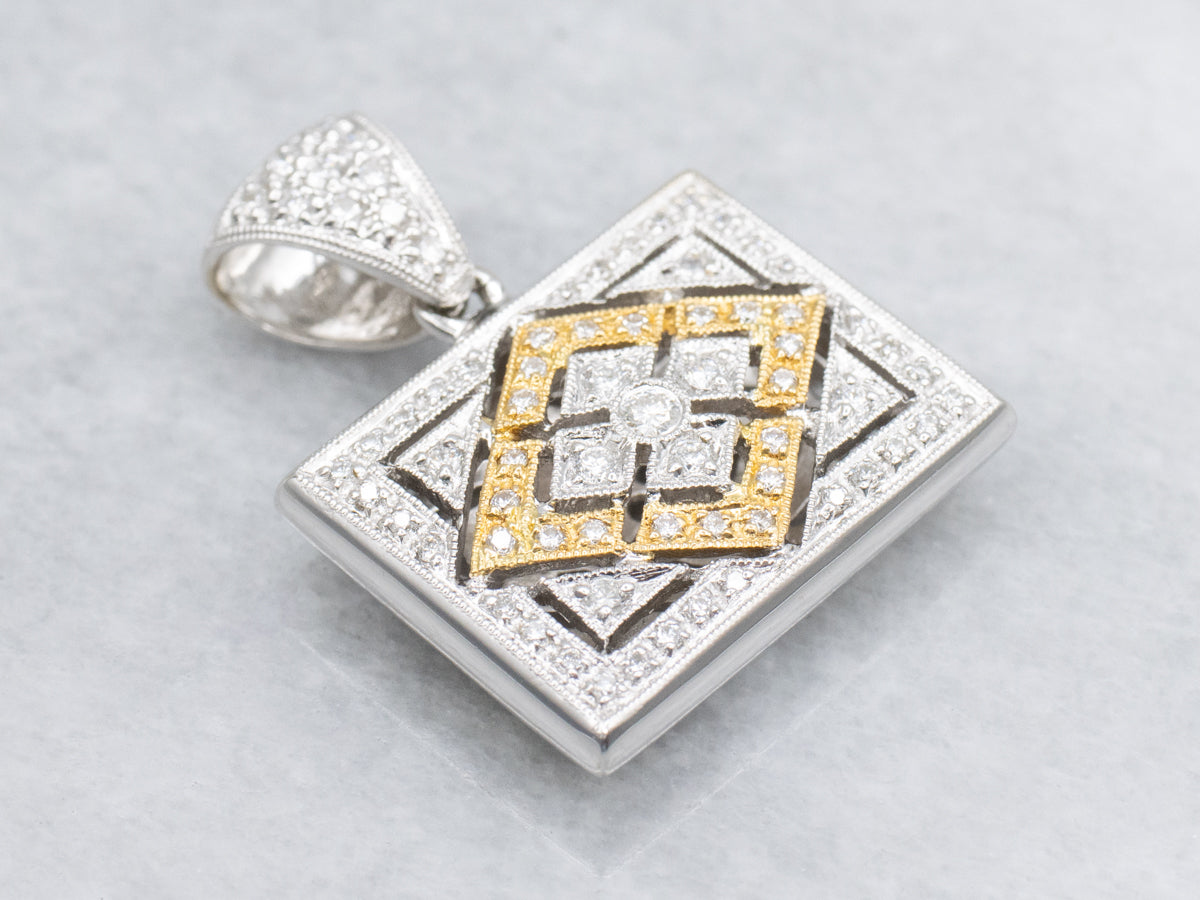 Open Work Two Tone Diamond Rectangular Pendant