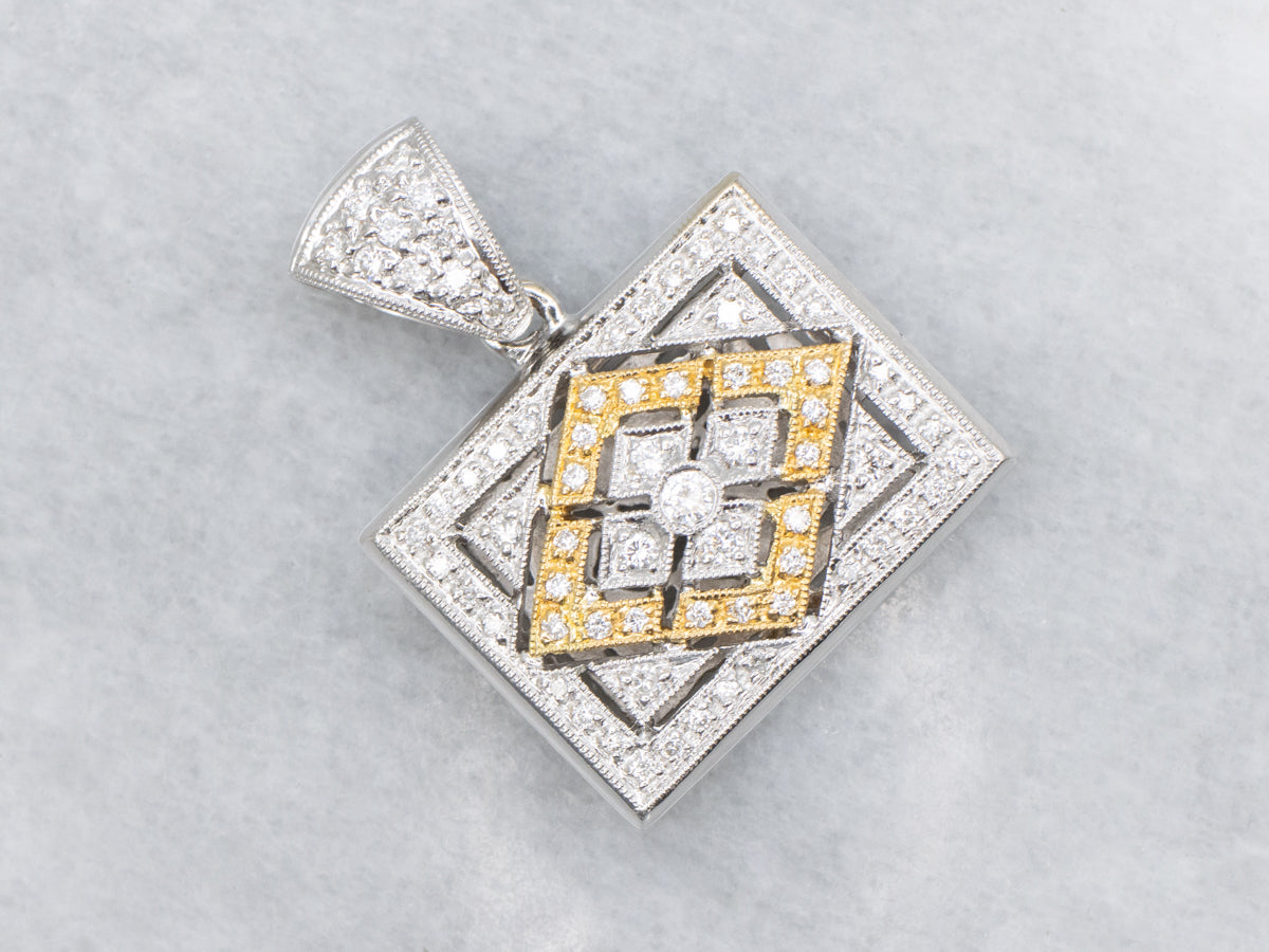 Open Work Two Tone Diamond Rectangular Pendant