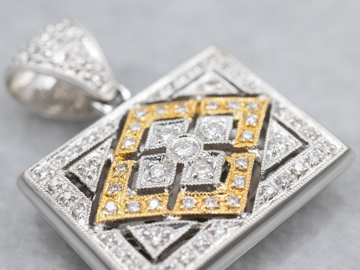Open Work Two Tone Diamond Rectangular Pendant