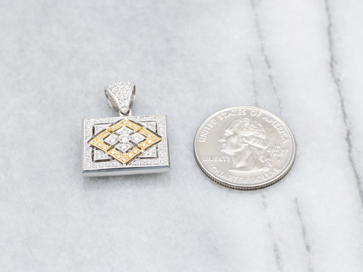 Open Work Two Tone Diamond Rectangular Pendant
