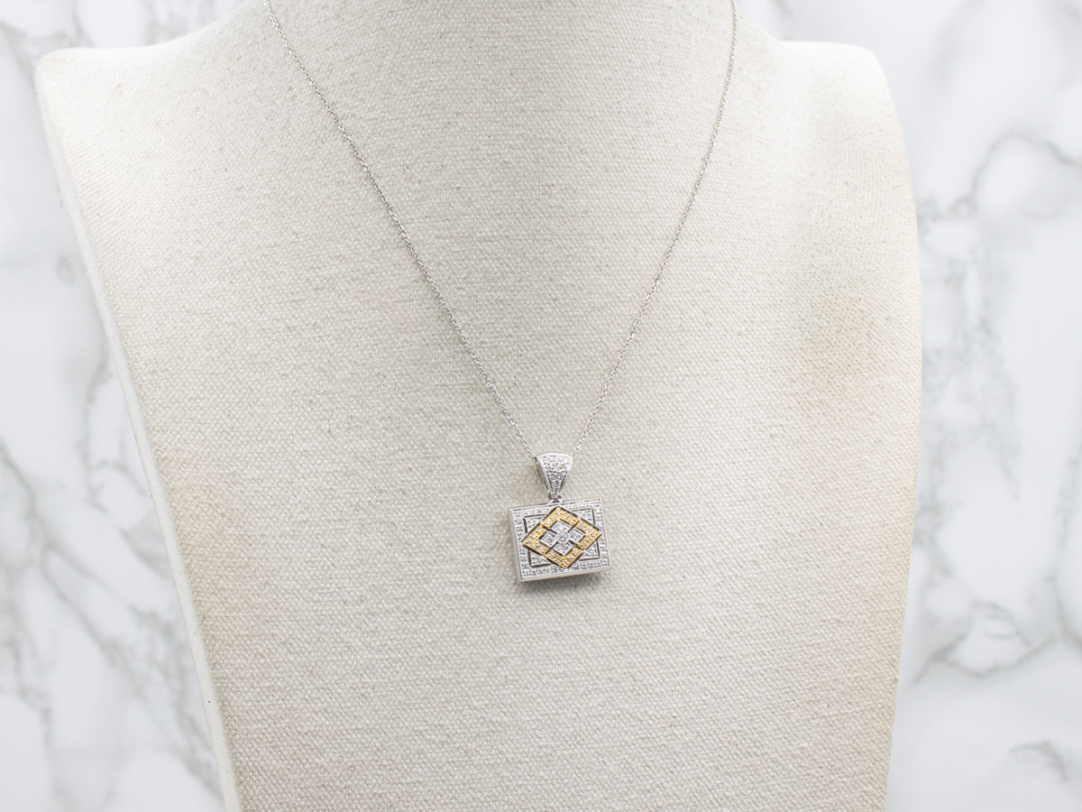 Open Work Two Tone Diamond Rectangular Pendant