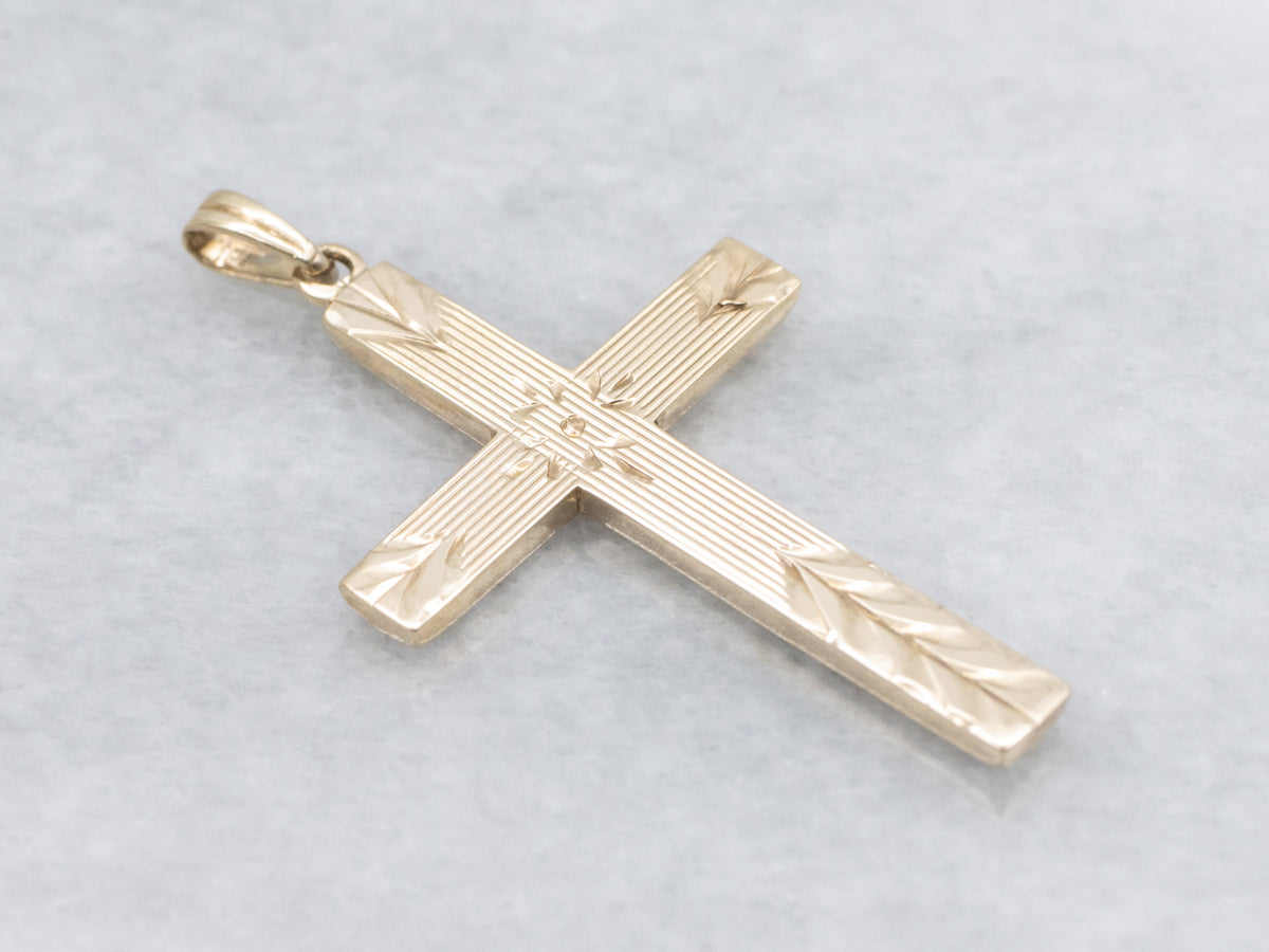 Vintage 10K Yellow Gold Floral Engraved Cross Pendant