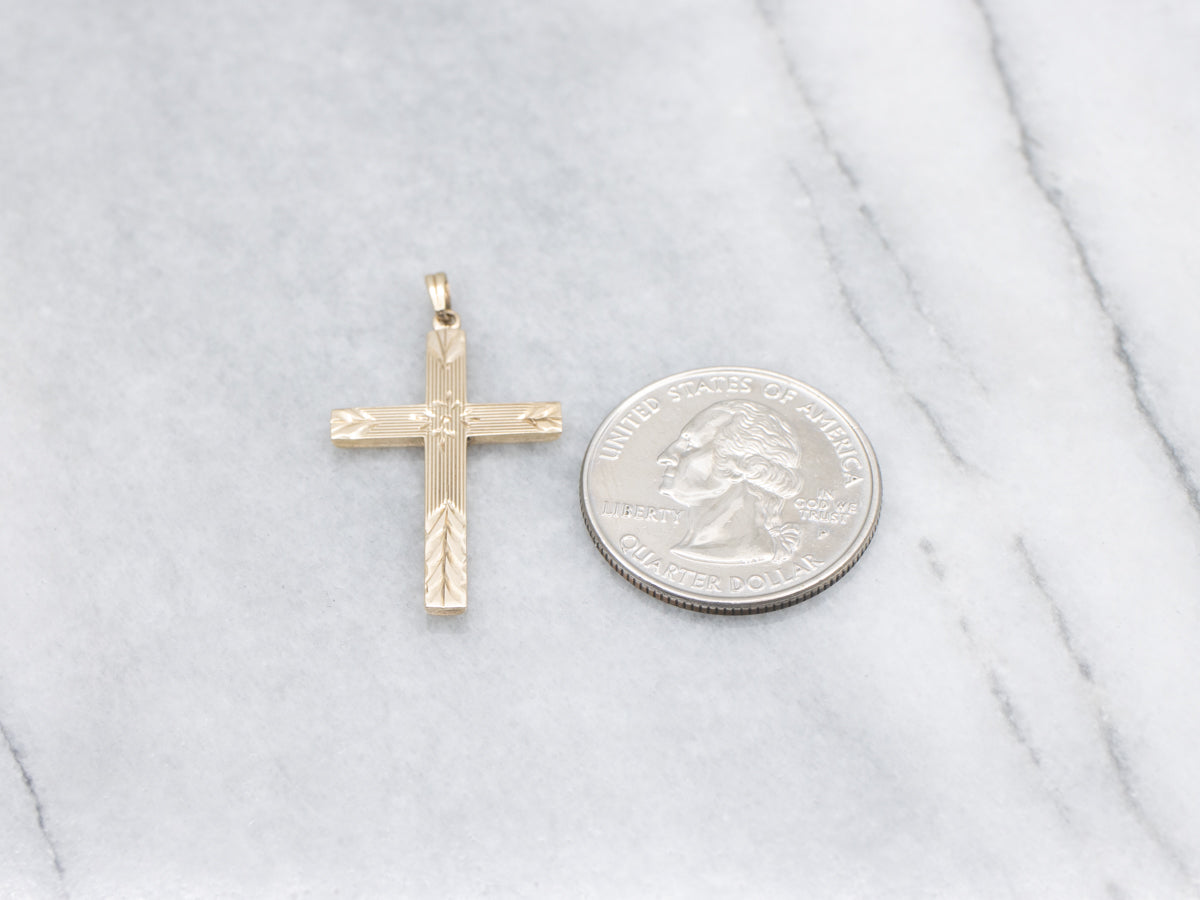 Vintage 10K Yellow Gold Floral Engraved Cross Pendant