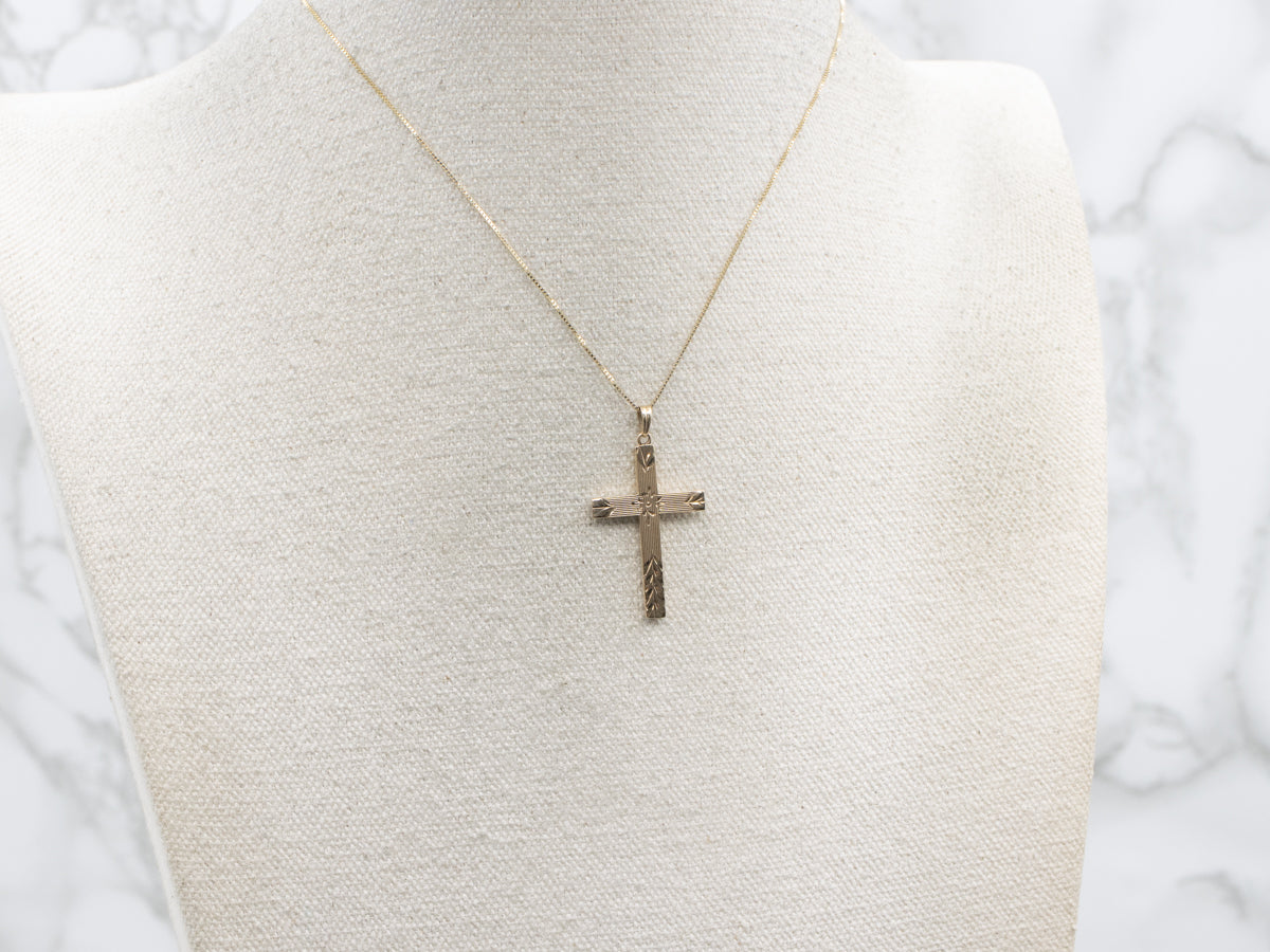 Vintage 10K Yellow Gold Floral Engraved Cross Pendant