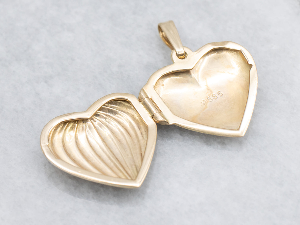 Grooved Heart Shaped Yellow Gold Locket