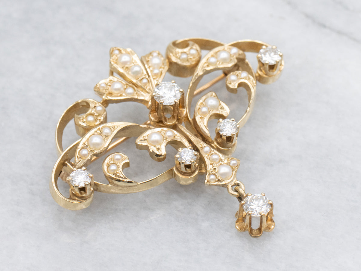 Victorian Seed Pearl and Diamond Gold Pin and Pendant