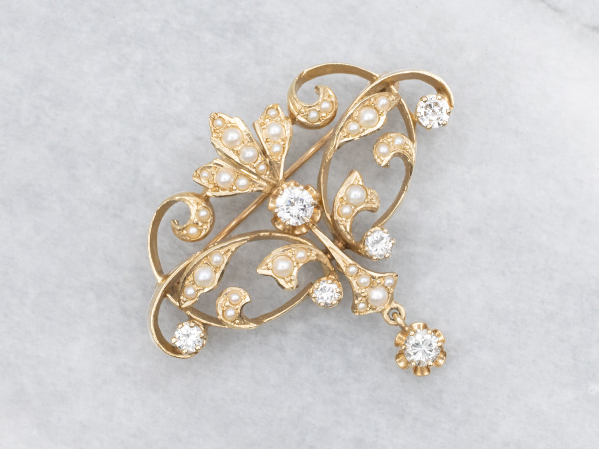 Victorian Seed Pearl and Diamond Gold Pin and Pendant