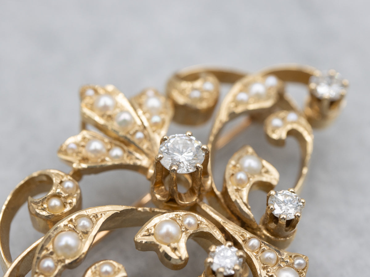 Victorian Seed Pearl and Diamond Gold Pin and Pendant