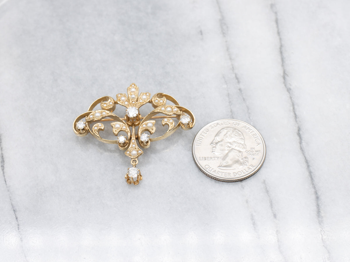 Victorian Seed Pearl and Diamond Gold Pin and Pendant