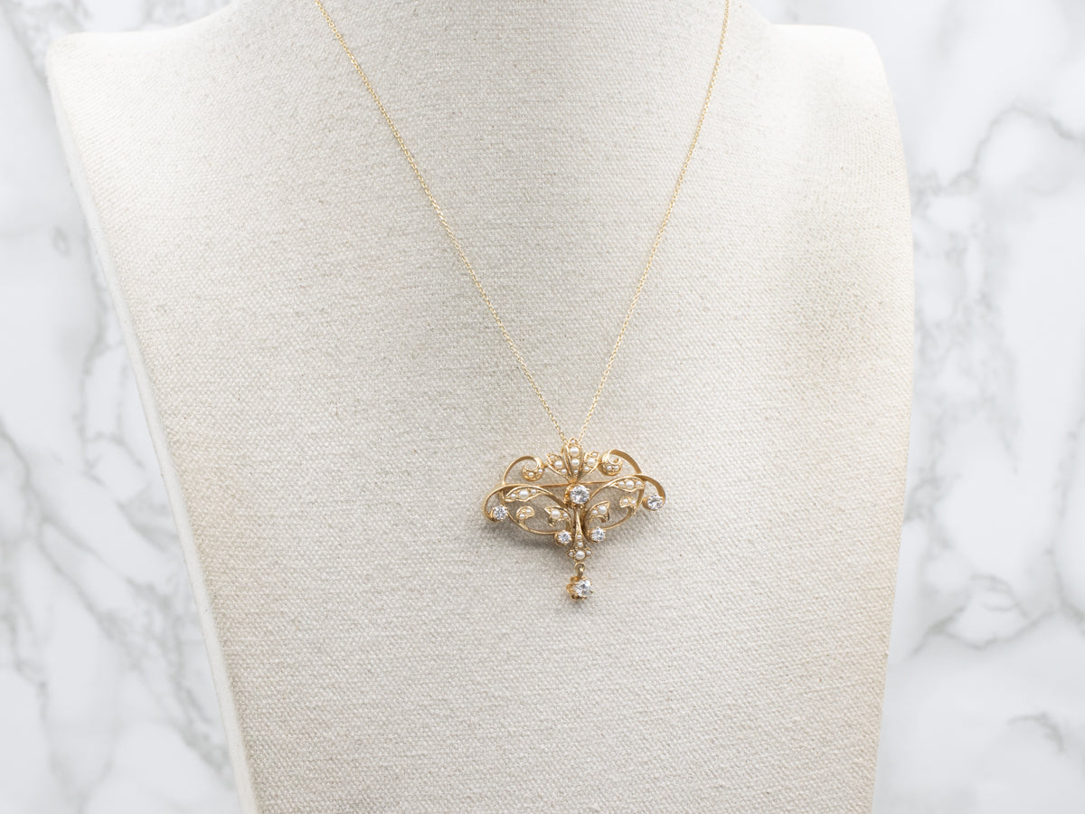 Victorian Seed Pearl and Diamond Gold Pin and Pendant