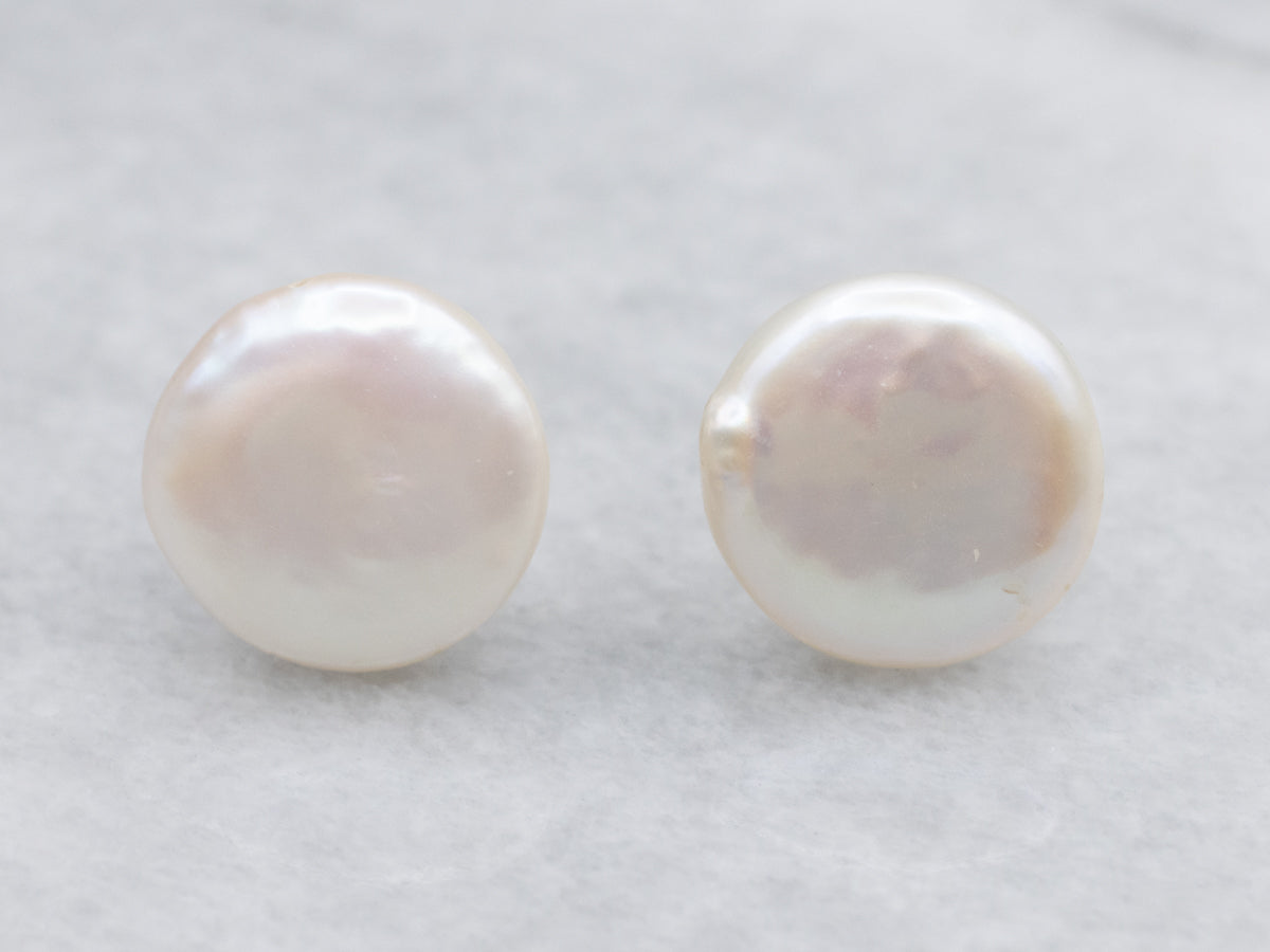 Freshwater Coin Pearl Gold Stud Earrings