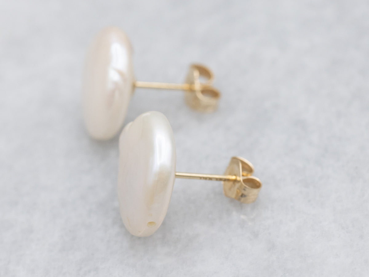 Freshwater Coin Pearl Gold Stud Earrings