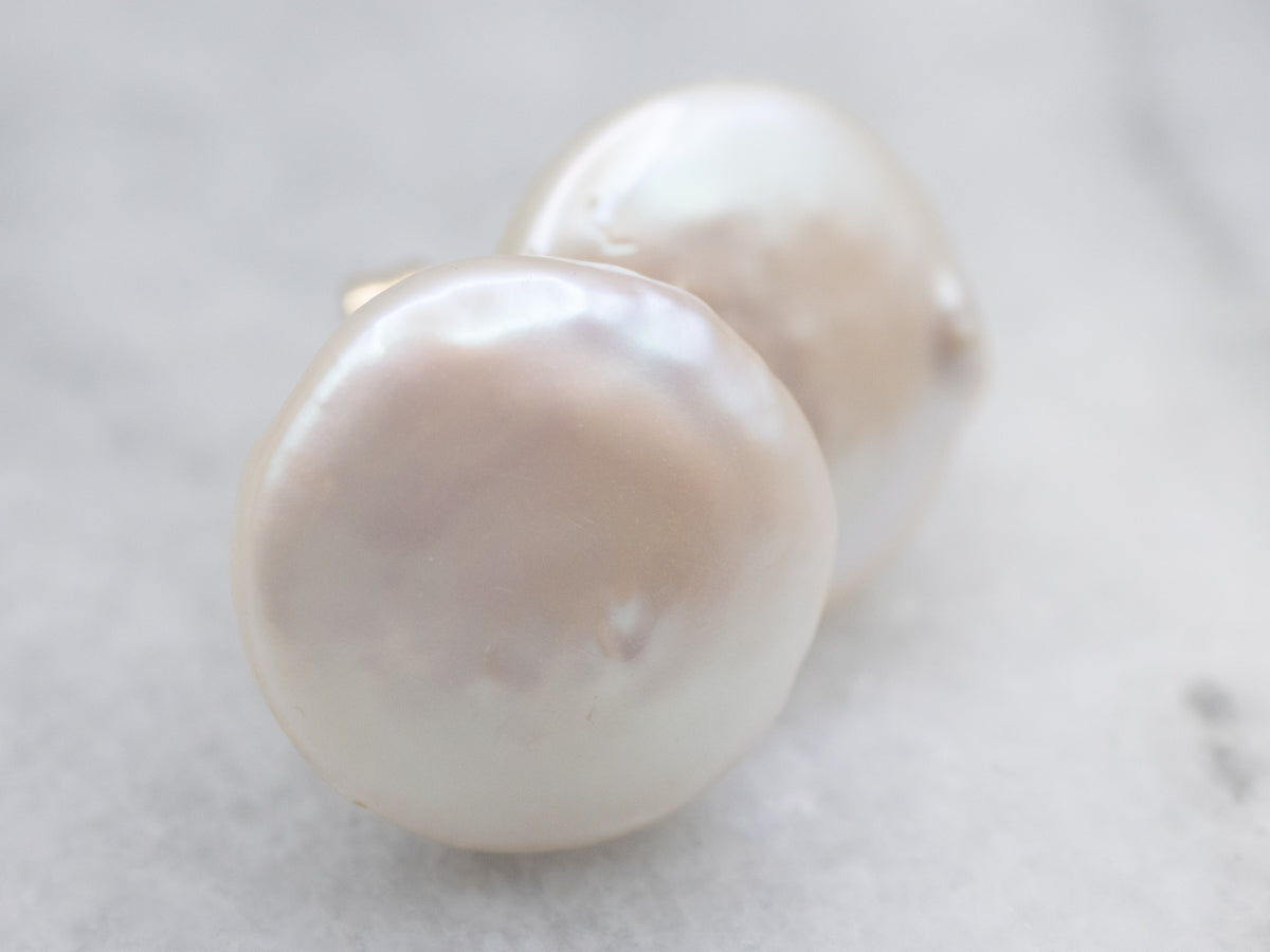 Freshwater Coin Pearl Gold Stud Earrings