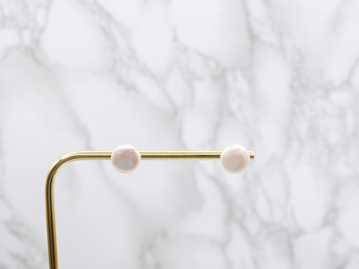 Freshwater Coin Pearl Gold Stud Earrings