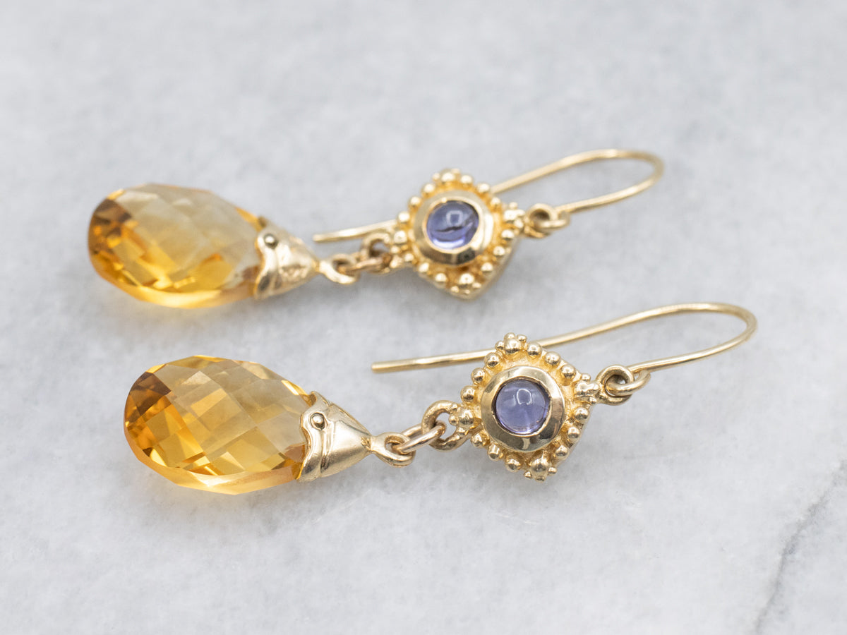 Briolette Cut Citrine and Iolite Gemstone Drop Earrings