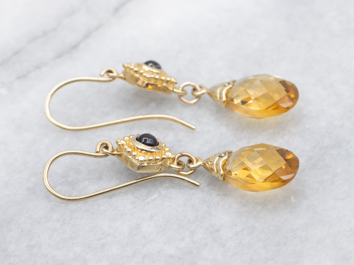 Briolette Cut Citrine and Iolite Gemstone Drop Earrings