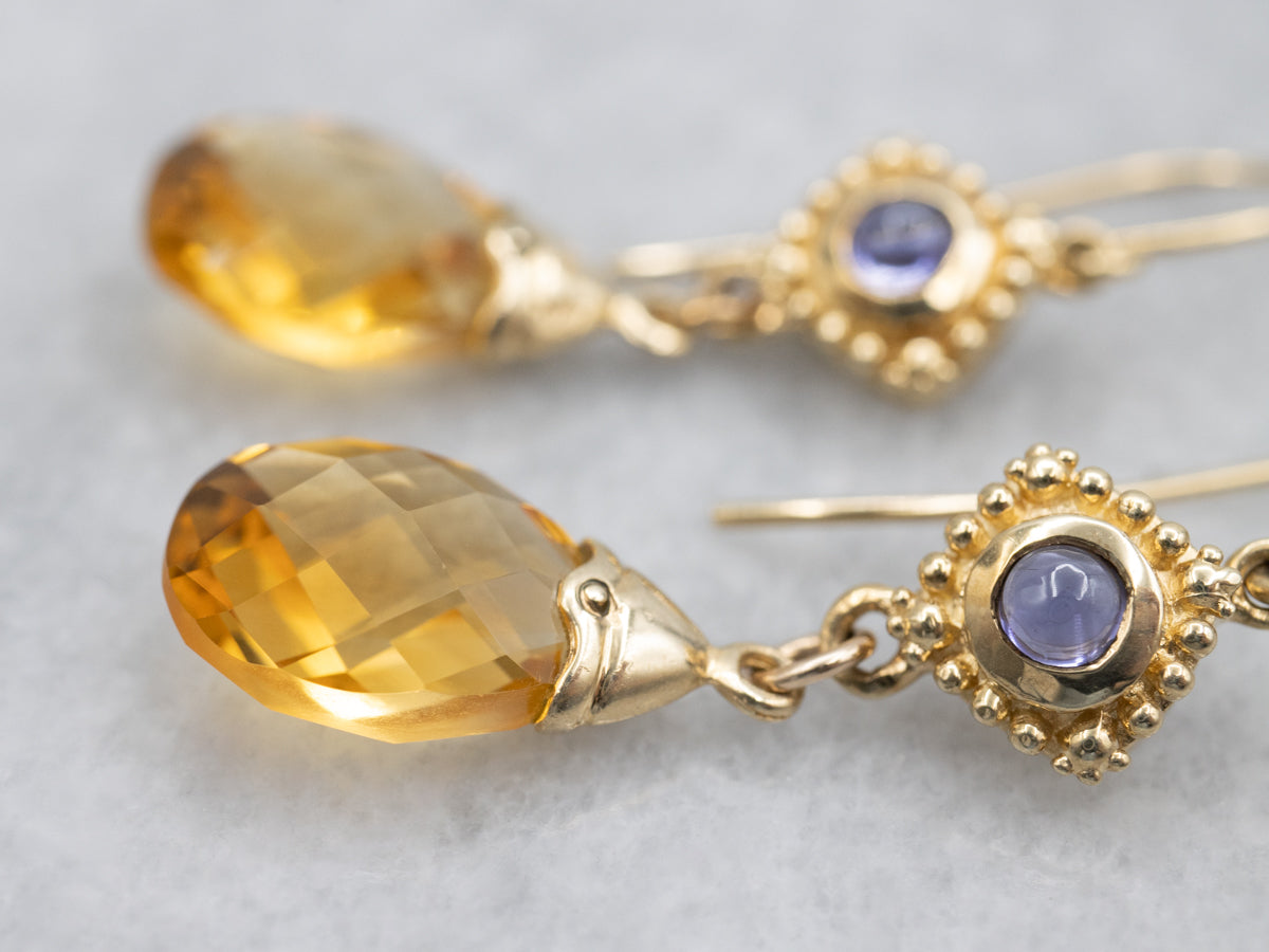 Briolette Cut Citrine and Iolite Gemstone Drop Earrings