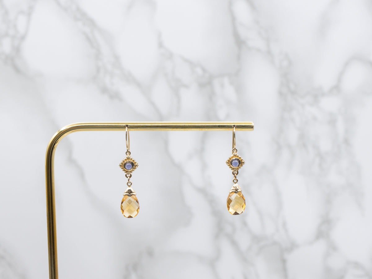 Briolette Cut Citrine and Iolite Gemstone Drop Earrings