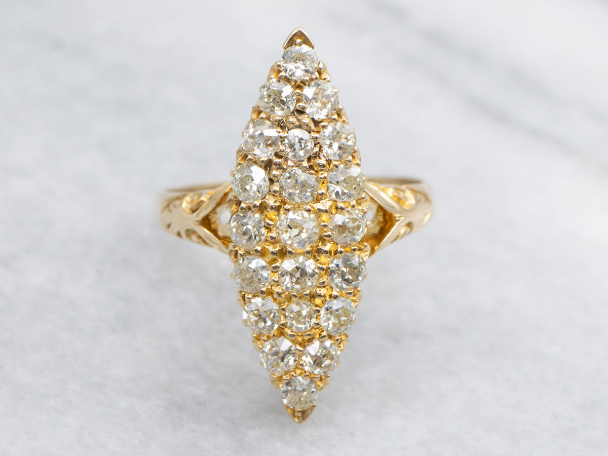 Old Mine Cut Diamond Antique Gold Navette Ring