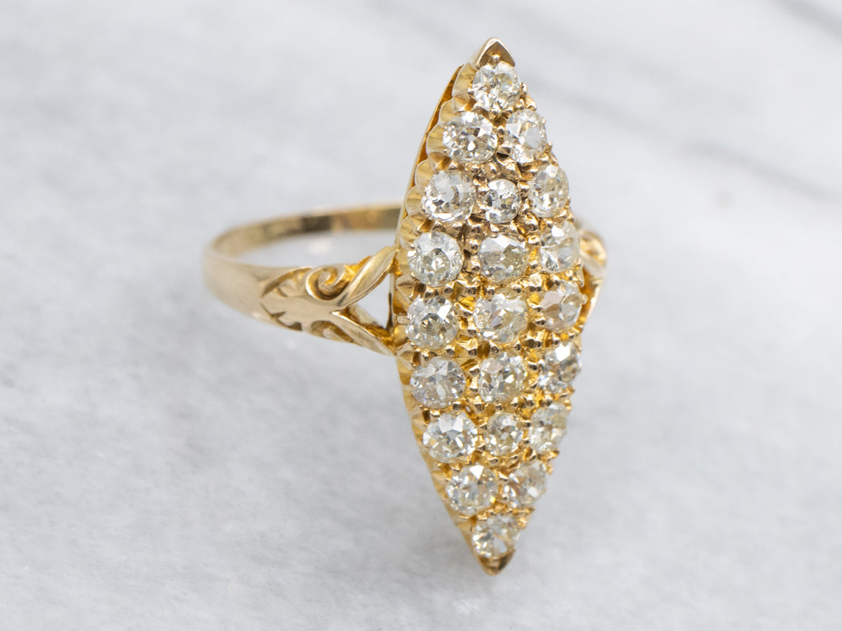 Old Mine Cut Diamond Antique Gold Navette Ring