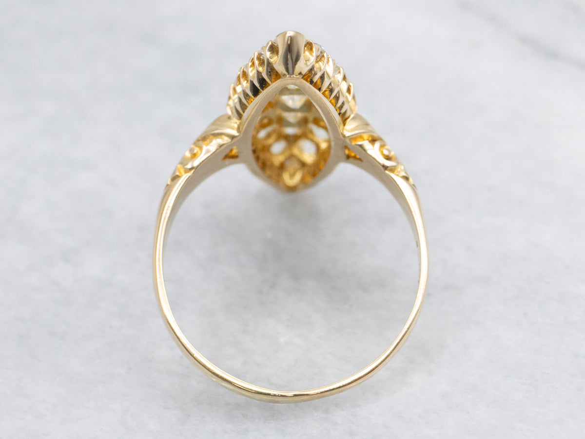 Old Mine Cut Diamond Antique Gold Navette Ring
