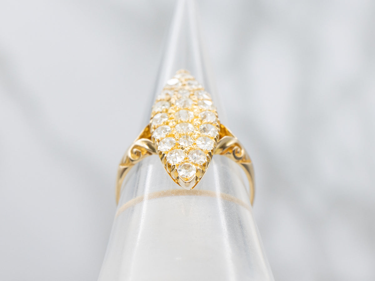 Old Mine Cut Diamond Antique Gold Navette Ring