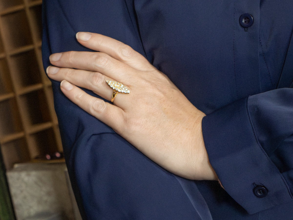 Old Mine Cut Diamond Antique Gold Navette Ring