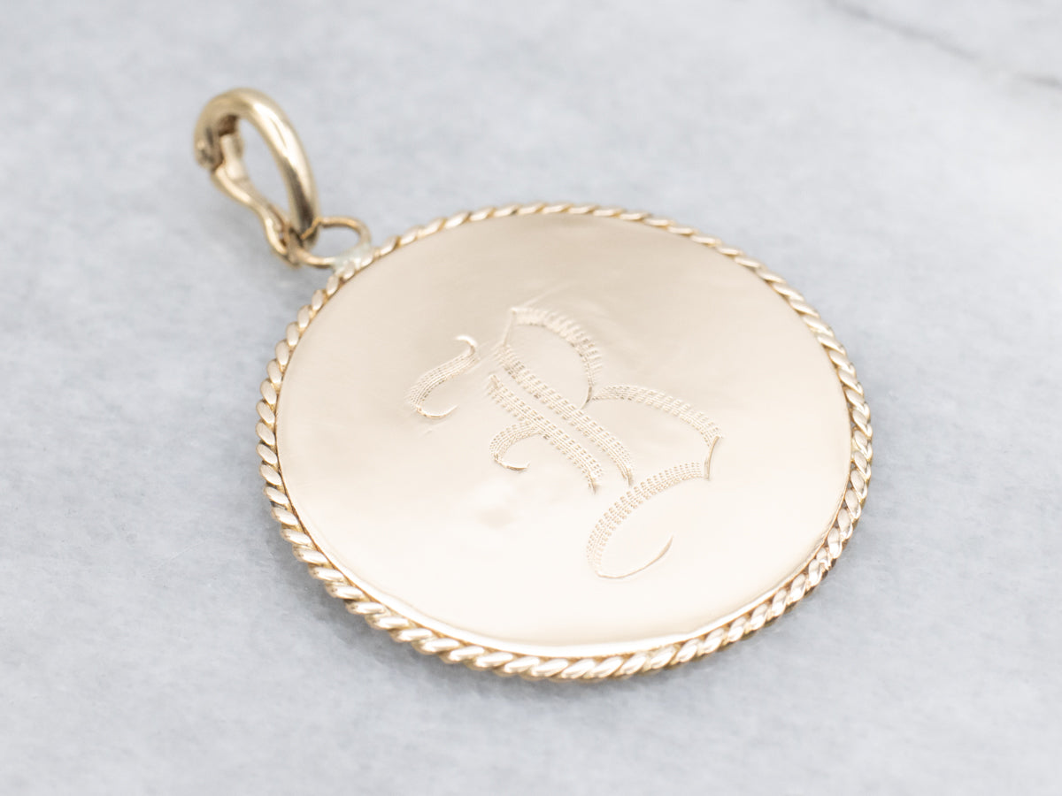 Engraved Initial "B" Yellow Gold Disc Pendant