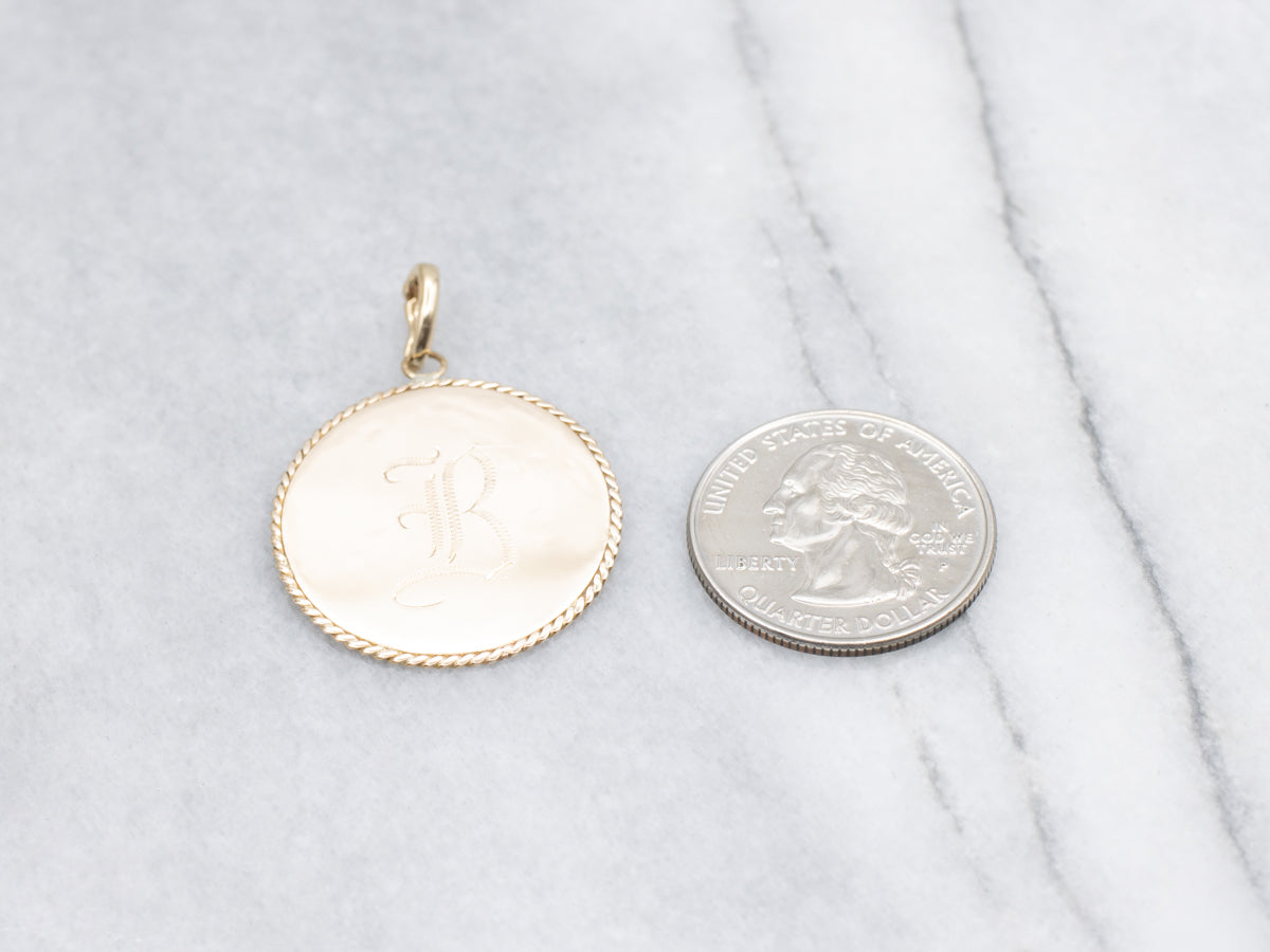 Engraved Initial "B" Yellow Gold Disc Pendant