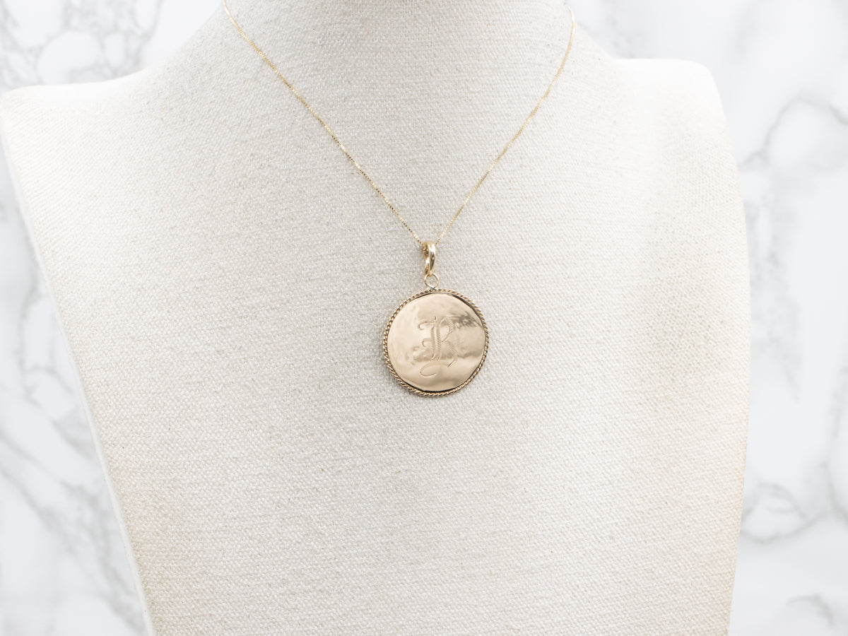 Engraved Initial "B" Yellow Gold Disc Pendant