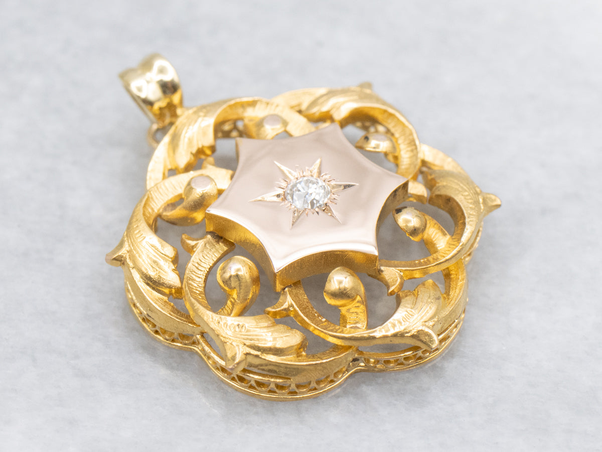 Starburst Old Mine Cut Diamond and Gold Pendant