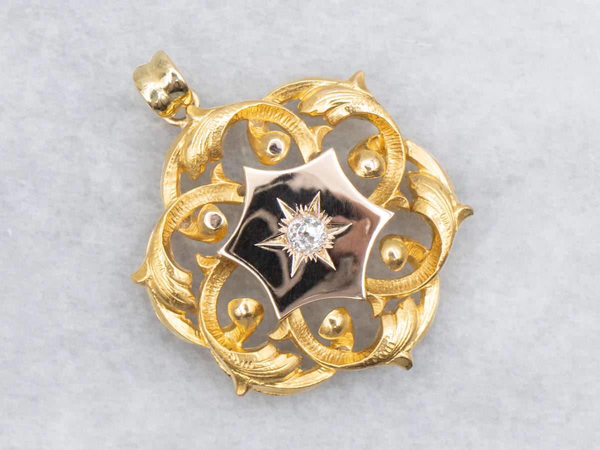 Starburst Old Mine Cut Diamond and Gold Pendant