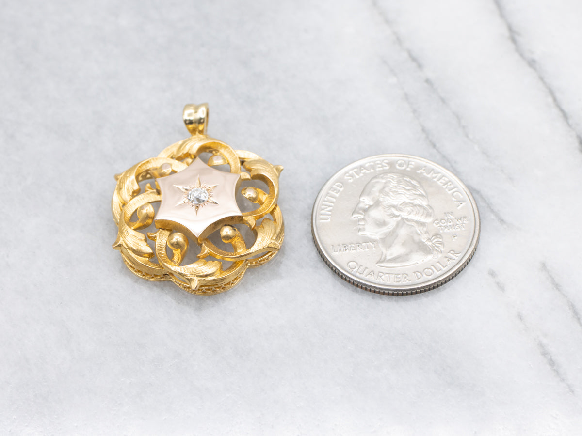Starburst Old Mine Cut Diamond and Gold Pendant