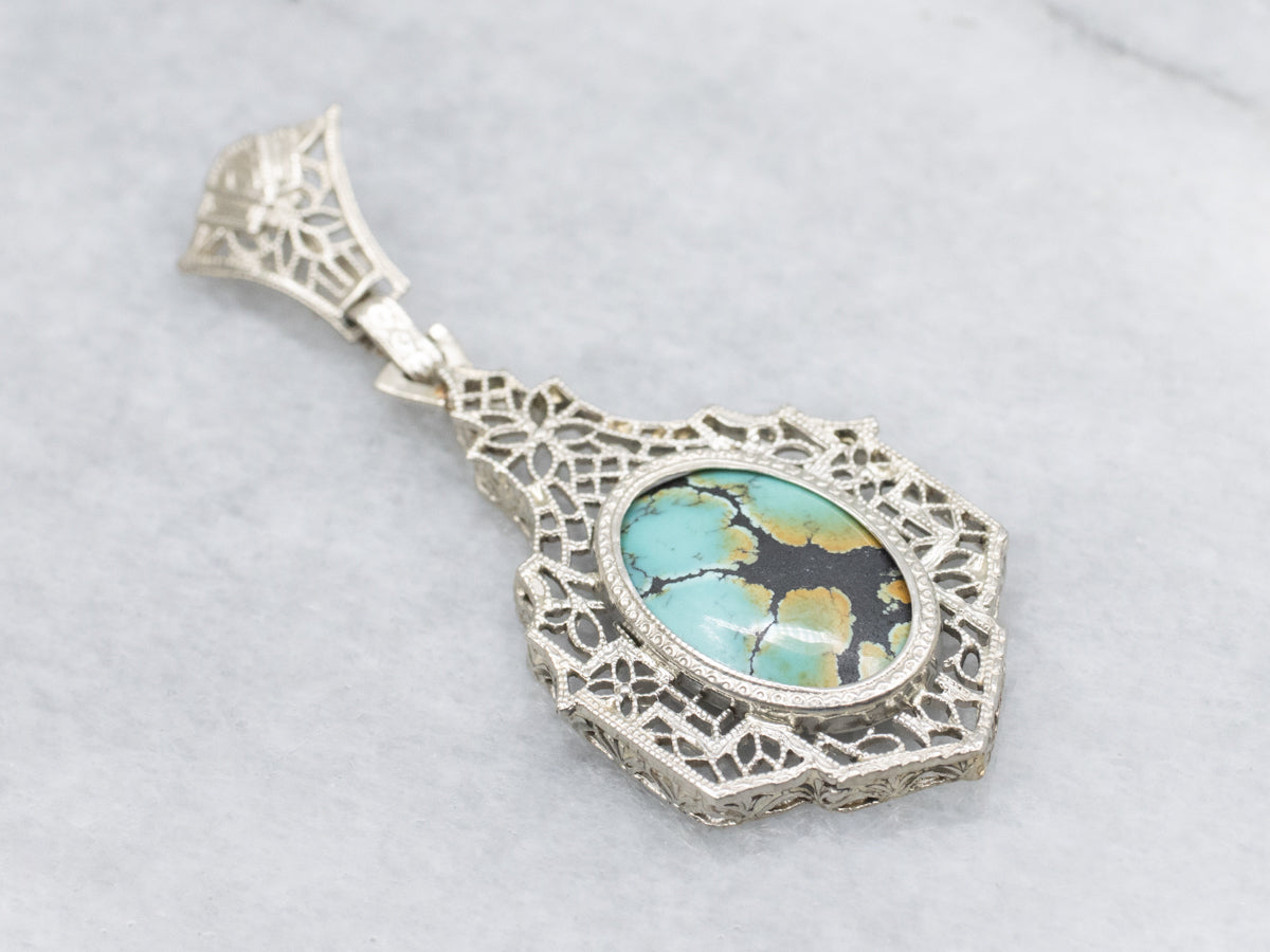 Art Deco Era Turquoise White Gold Filigree Drop Pendant