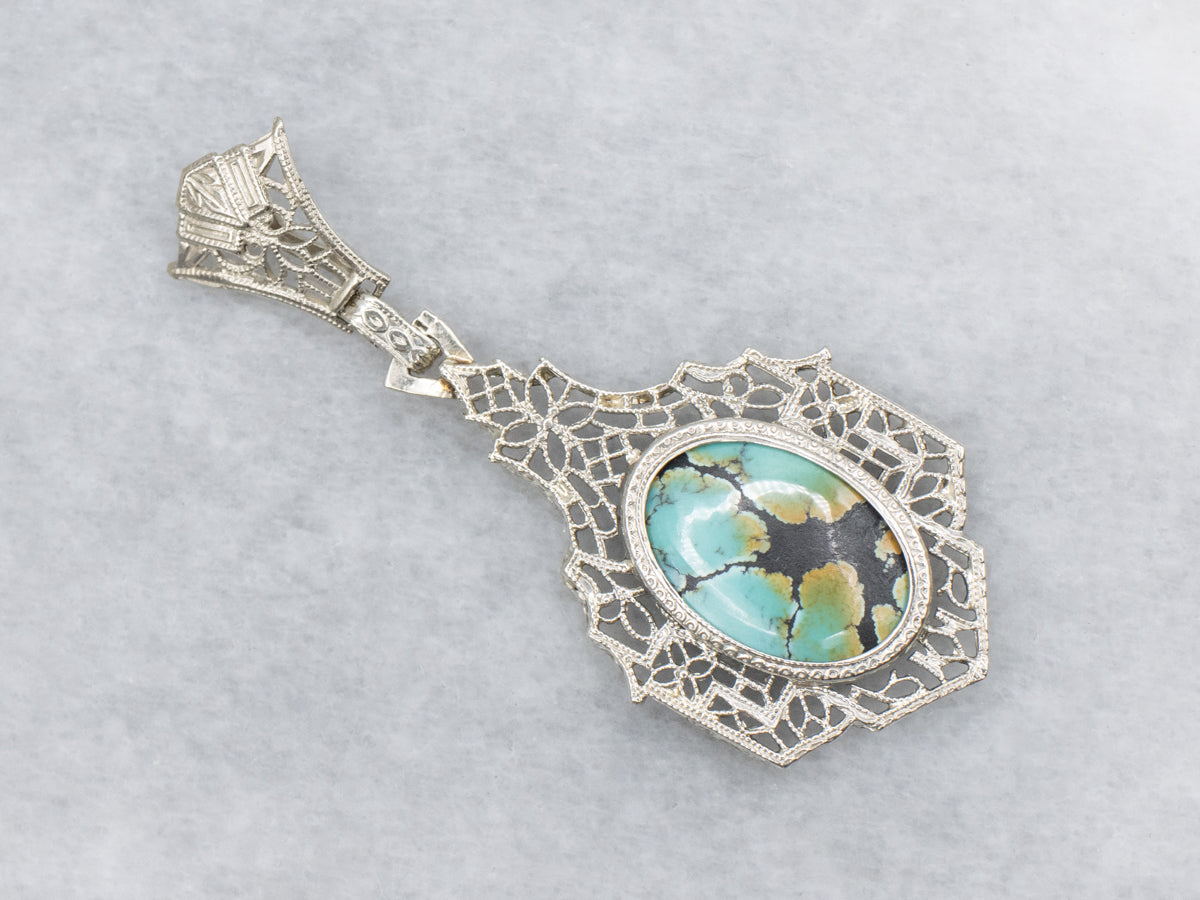 Art Deco Era Turquoise White Gold Filigree Drop Pendant